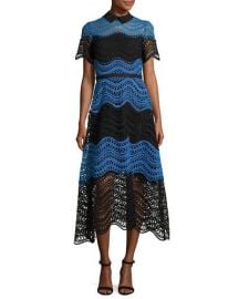 Lela Rose Wavy Striped Lace Midi Shirtdress  Black Blue at Neiman Marcus